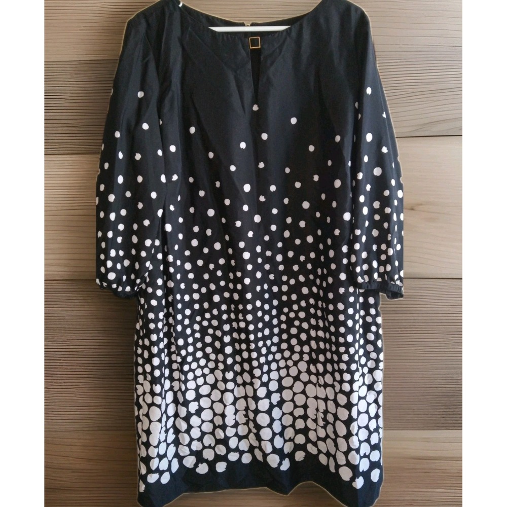 Tahari SZ 14W Levine Classic Black White Ombre Polka Dot Shift‎ Dress Keyhole 14